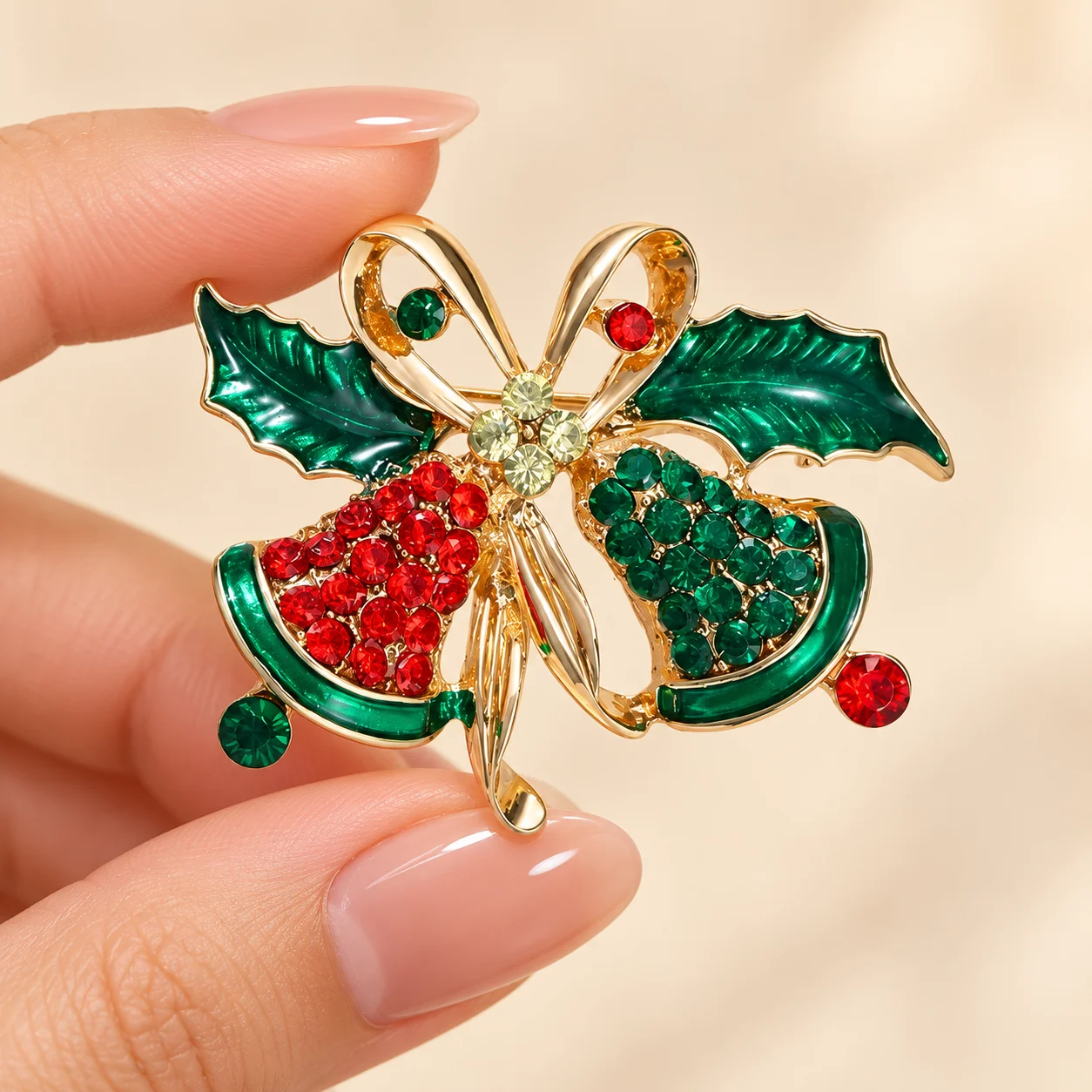 Christmas Bell Brooch for Women, Red and Green Rhinestones, Gold Alloy, Bowknot, Holly Leaf, Double Bell Design, Pin for Adult Ladies' Suits, Sweaters, Shirts, Dresses, Scarves, Corsage, Christmas Parties, Banquets, Photo Shoots, Holiday Decorations, Fashionable Versatile Accessory, European and American Style Clothing Decoration, Bag Decoration, Hat Accessory, Exquisite and Sparkling Holiday Brooch, High-End Eye-Catching Gift Recommendation, Winter Versatile Pin, Trendy Design, Personalized Accessory, New Hot-Selling Christmas Gift