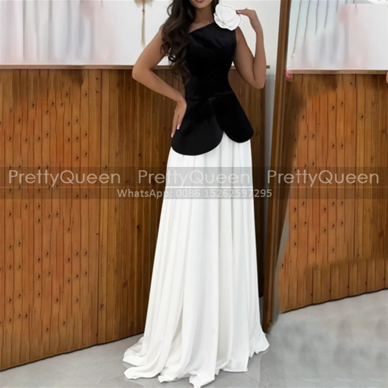 

A Line Long Evening Dress Flower One Shoulder Sleeveless Customized White and Black Chiffon Prom Dresses Party