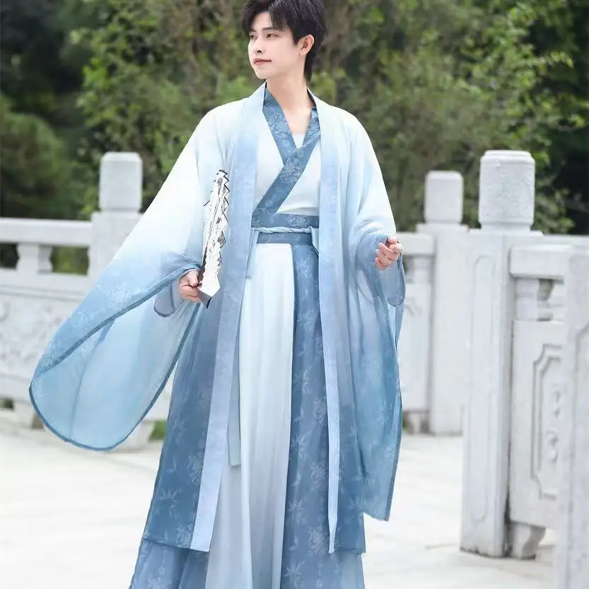 

Vintage Water Ink Paintings Hanfu Dress Men Women Weijin Period Clothin Halloween Event Fairy Martial Cosplay Costume Stage Show