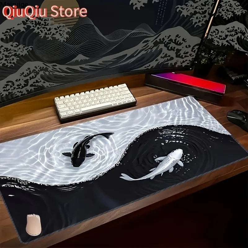 Japanese Desk Mat Black & White Mouse Pad Koi Fish Japan Art Seal Yin-yang fish Large Gaming Deskmat Rubber Mousepad 80x30