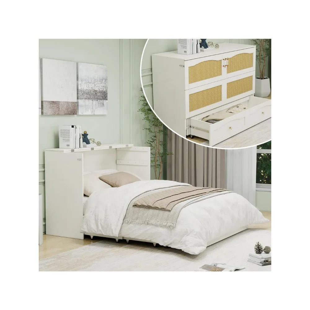 

Queen Size Murphy Bed Cabinet Bed with Drawers for Storage Mobile Chest for Bedrooom with Storage Space Saving for Guest