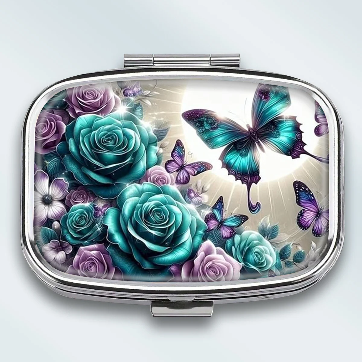 1Pc Water Fantasy Blue Rose Butterfly Shadow Light Luxury Dreamy Theme Pattern Square 2-Compartment Pill Box - Portable Medicine and Vitamin Storage Box, Suitable for Carrying or Travel Use, Unique Size Gift, Wallet Pill Box