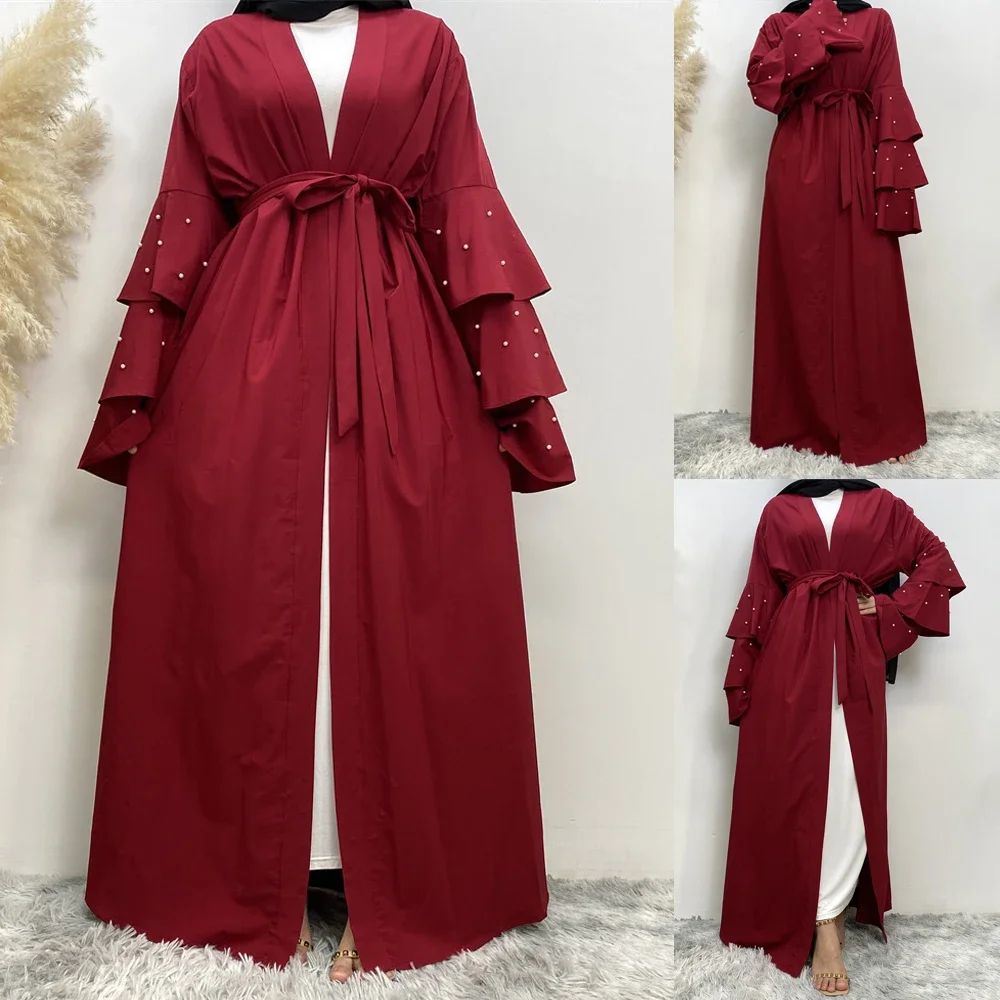 

2025 Eid Ramadan Open Abaya Beads Ruffles Sleeve Muslim Women Dubai Dress Turkey Kaftan Islam Kimono Cardigan Gown Jalabiya Robe