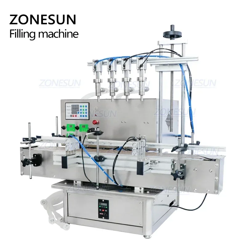 ZONESUN ZS-DTPP4E อัตโนมัติสี่หัวโต๊ะ PNEUMATIC เติมเจลโลชั่นเครื่องดื่มปั๊ม Peristaltic Liquid Filling Machine