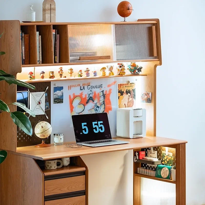 Modern artist solid wood desk bookshelf integrated, storage bookcase, home cherry wood learning computer desk