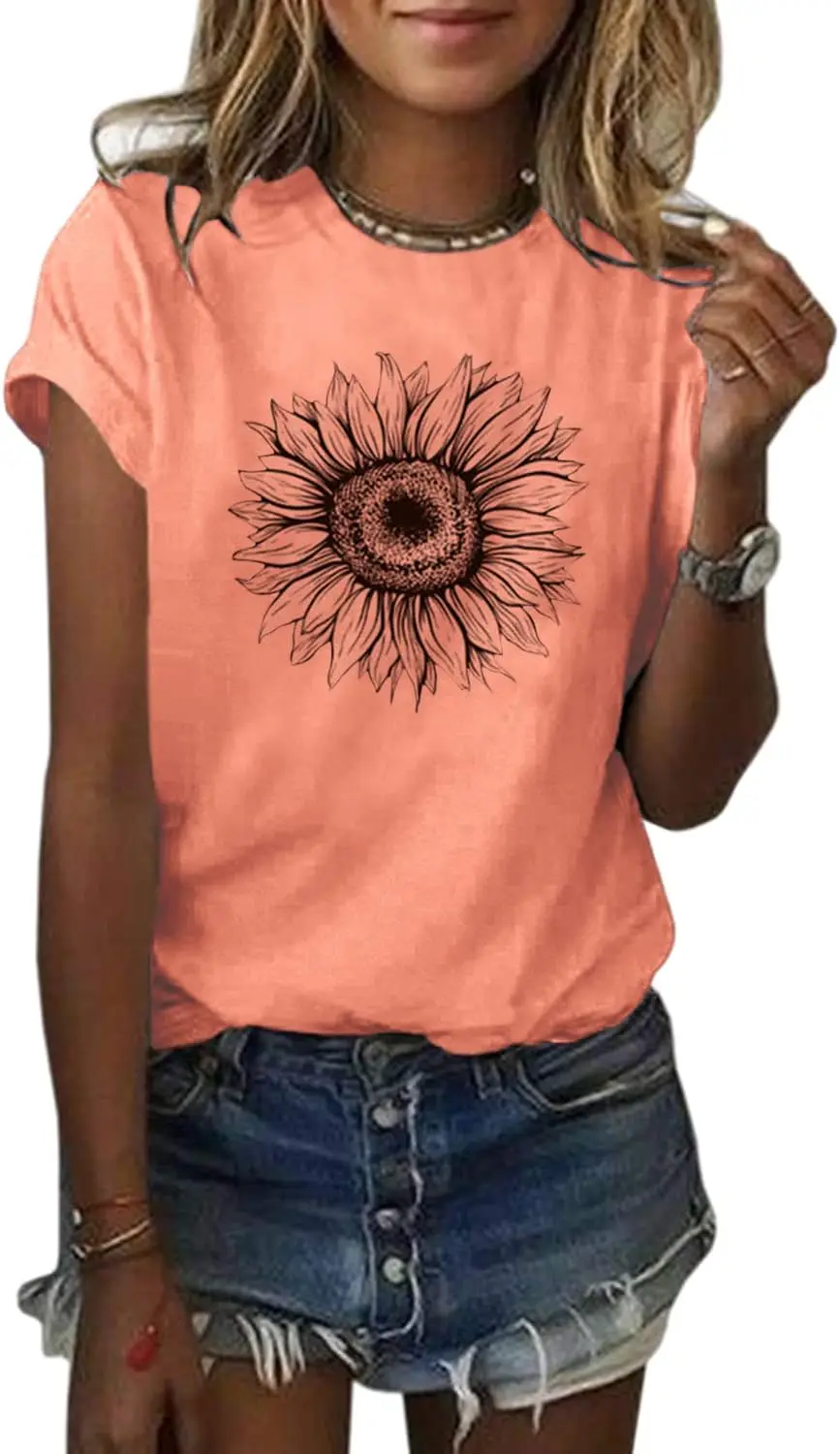 Cicy Bell Women's T Shirts Short Sleeve Tees Sunflower Graphic Loose Summer Tops 100% Cotton