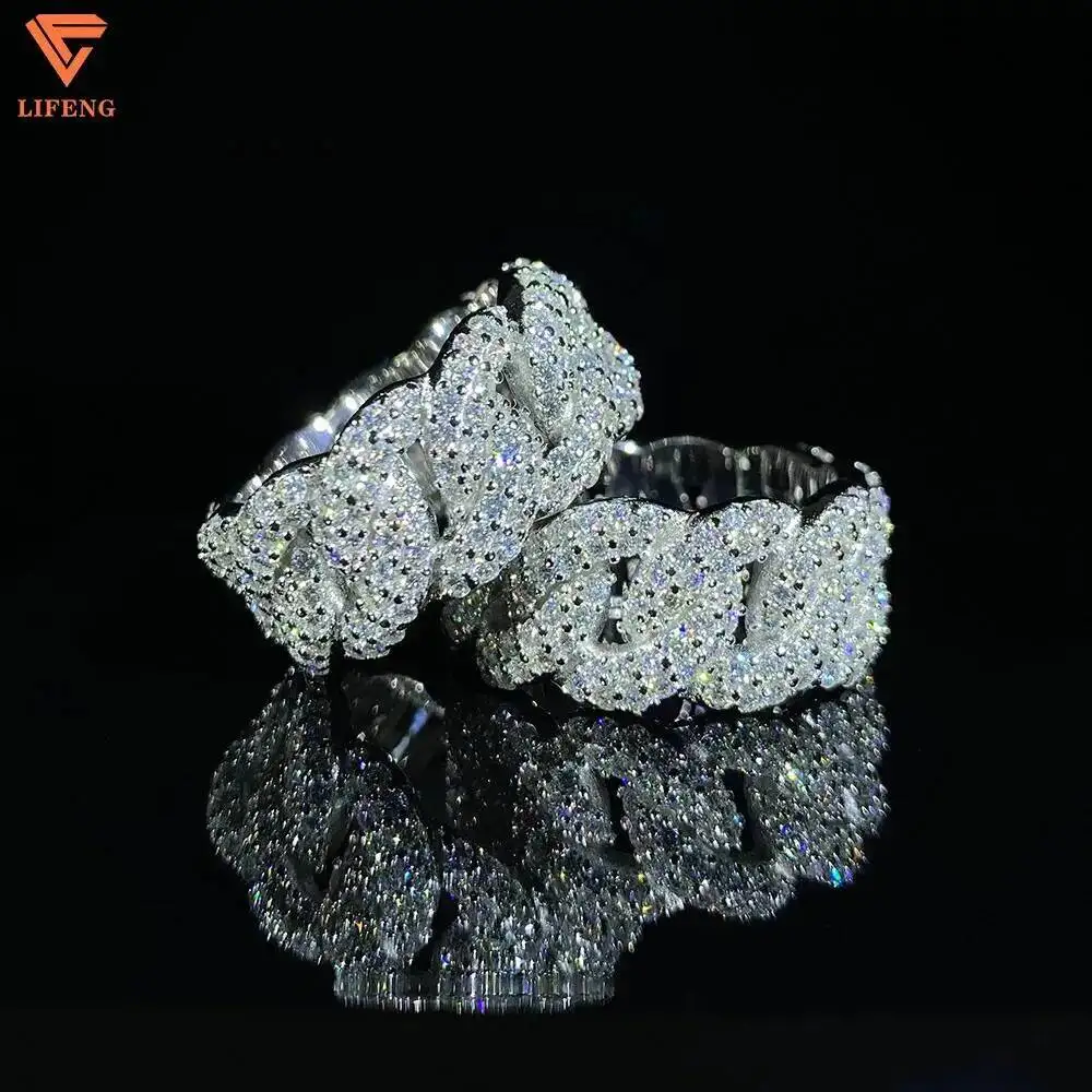 

Wholesale Men 925 Sterling Silver 2 Rows Full Real Vvs Diamond Moissanite Jewelry Hip Hop Iced Out Cuban Link Ring
