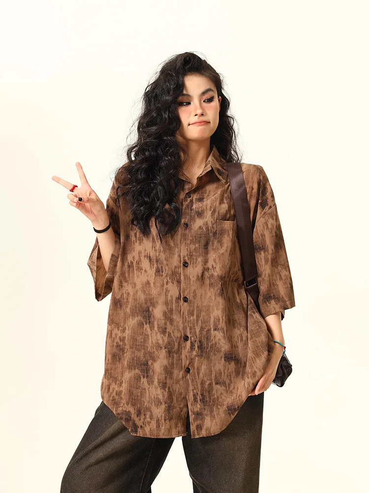 Splash Ink Tie-Dye camisa de manga larga diseño Sense Niche solapa camisas casuales de un solo pecho moda Vintage blusas de mujer