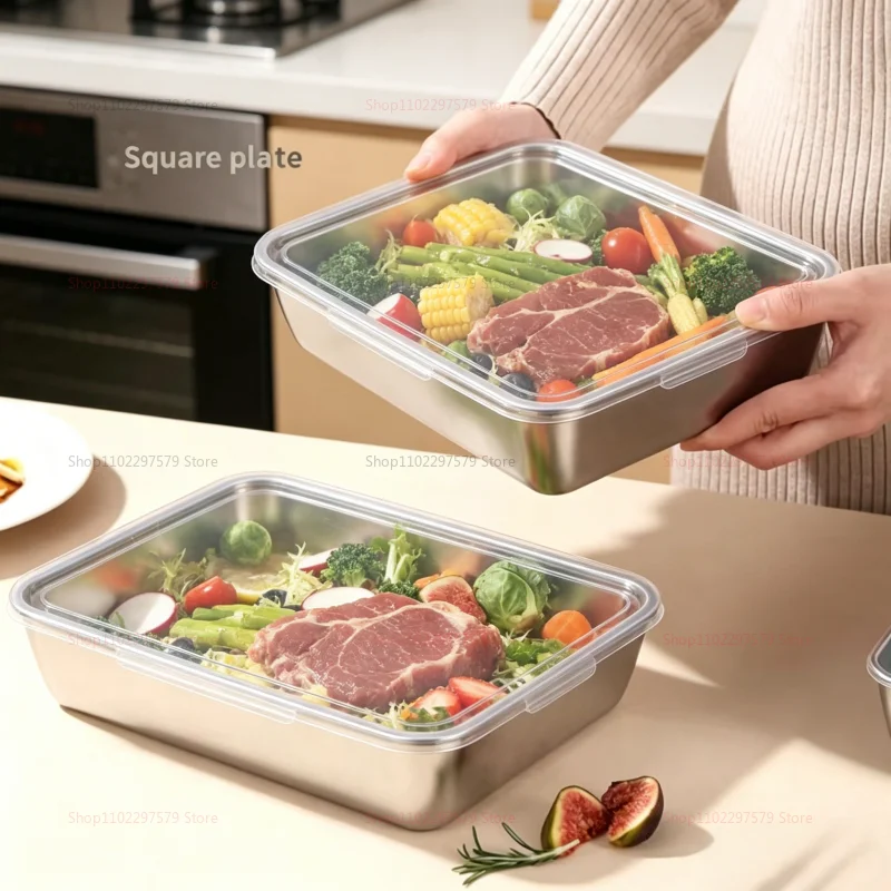 Stainless Steel Food Storage Serving Trays Rectangle Sausage Noodles Fruit Dish with Cover Home Kitchen Organizers Food Containe