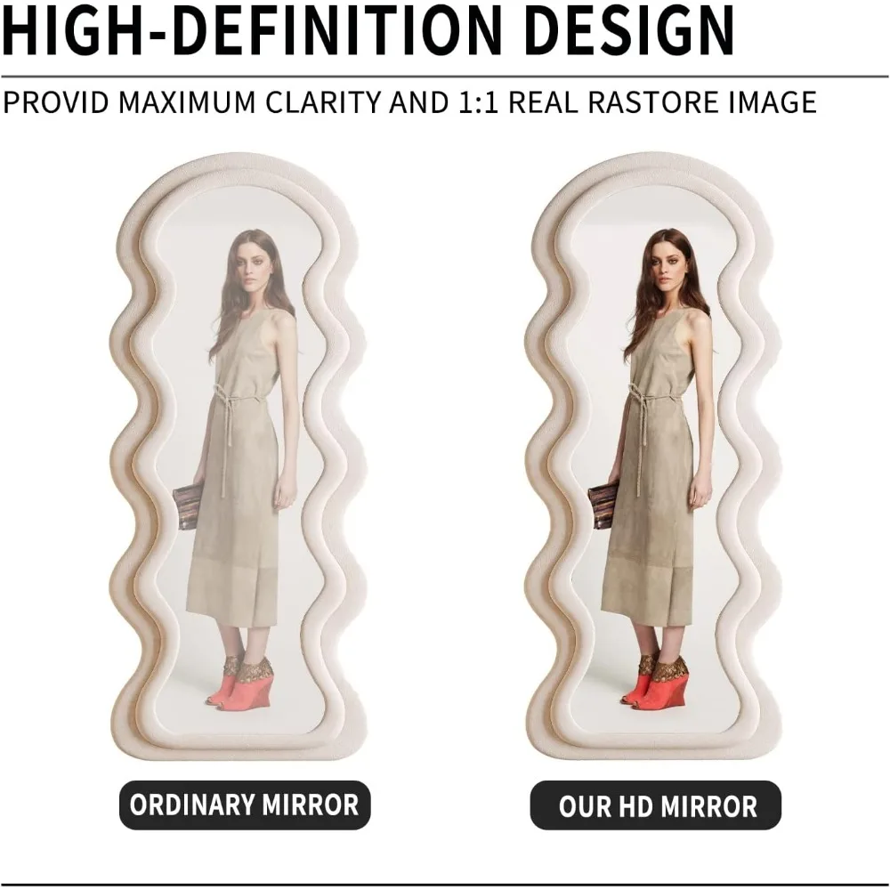 Espelho inclinado de pé com suporte de parede arqueado ondulado de comprimento total 63x24 polegadas Design elegante branco