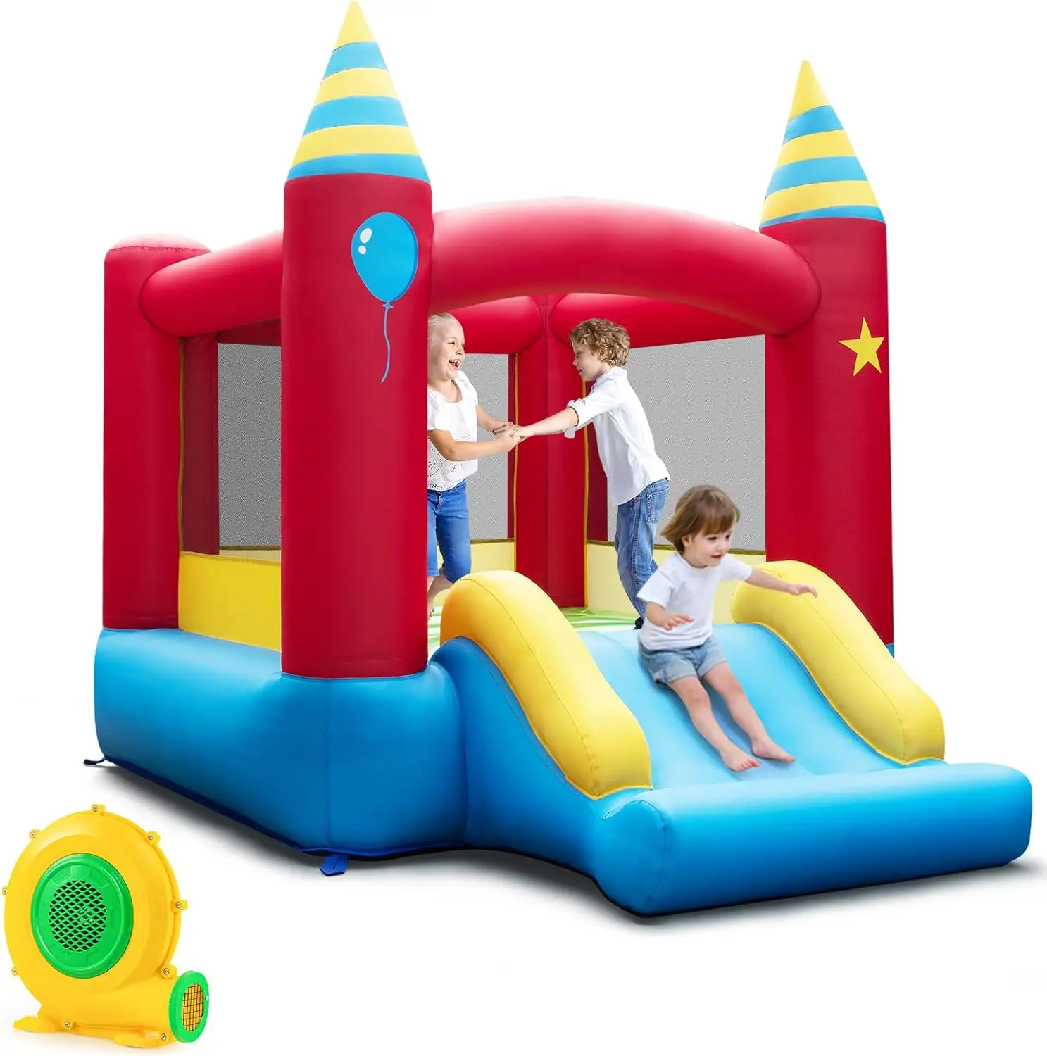 

Kids Inflatable Bounce House with Slide and 480W Blower, Large Jumping Area, Mini Bouncy Castle for Toddlers Ages 3-10, Indoor Outdoor Family Fun, Birthday Backyard Party Gift for Boys and Girls