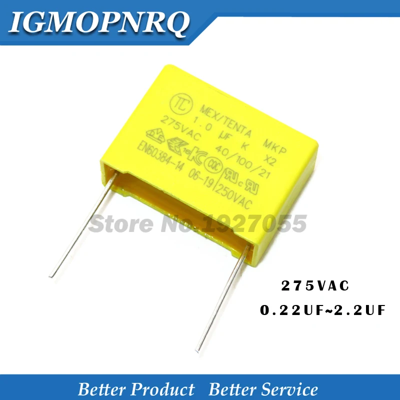 10 sztuk X2 kondensator bezpieczeństwa 22.5mm 275VAC 275V 0.22UF 0.33UF 0.47UF 0.56UF 0.68UF 0.82UF 1UF 1.2UF 1.5UF 2.2UF folia polipropylenowa