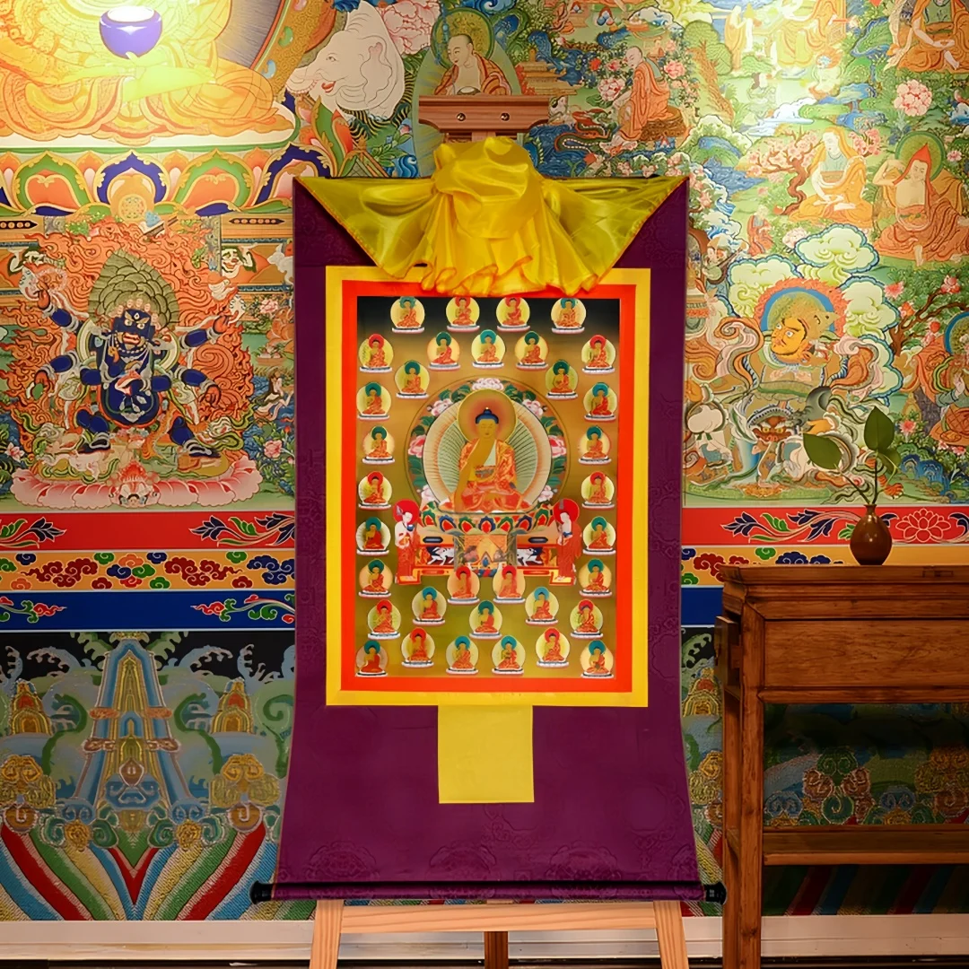 Shakyamuni 35 Buddhas Thangka Scroll Painting, Machine Mounted Gold Foil Core, 35cm Hanging Ornament.