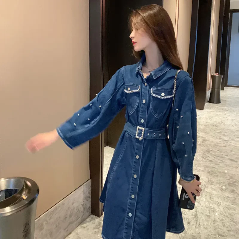 

Новое осеннее корейское модное джинсовое платье 2026 года, элегантное, с отложным воротником, длинным рукавом, на одной пуговице, мини-платье А-силуэта, Vestidos