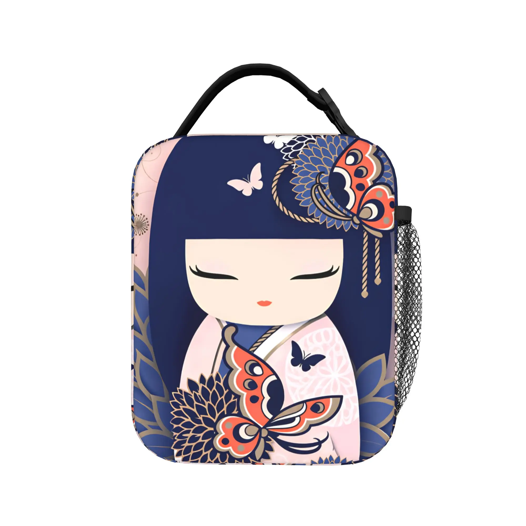 Japanese Girl Sakura Kokeshi Doll Lunch Bag  Fashion Lunch Box For Girls Cooler Bag Oxford Print Thermal Lunch Bags
