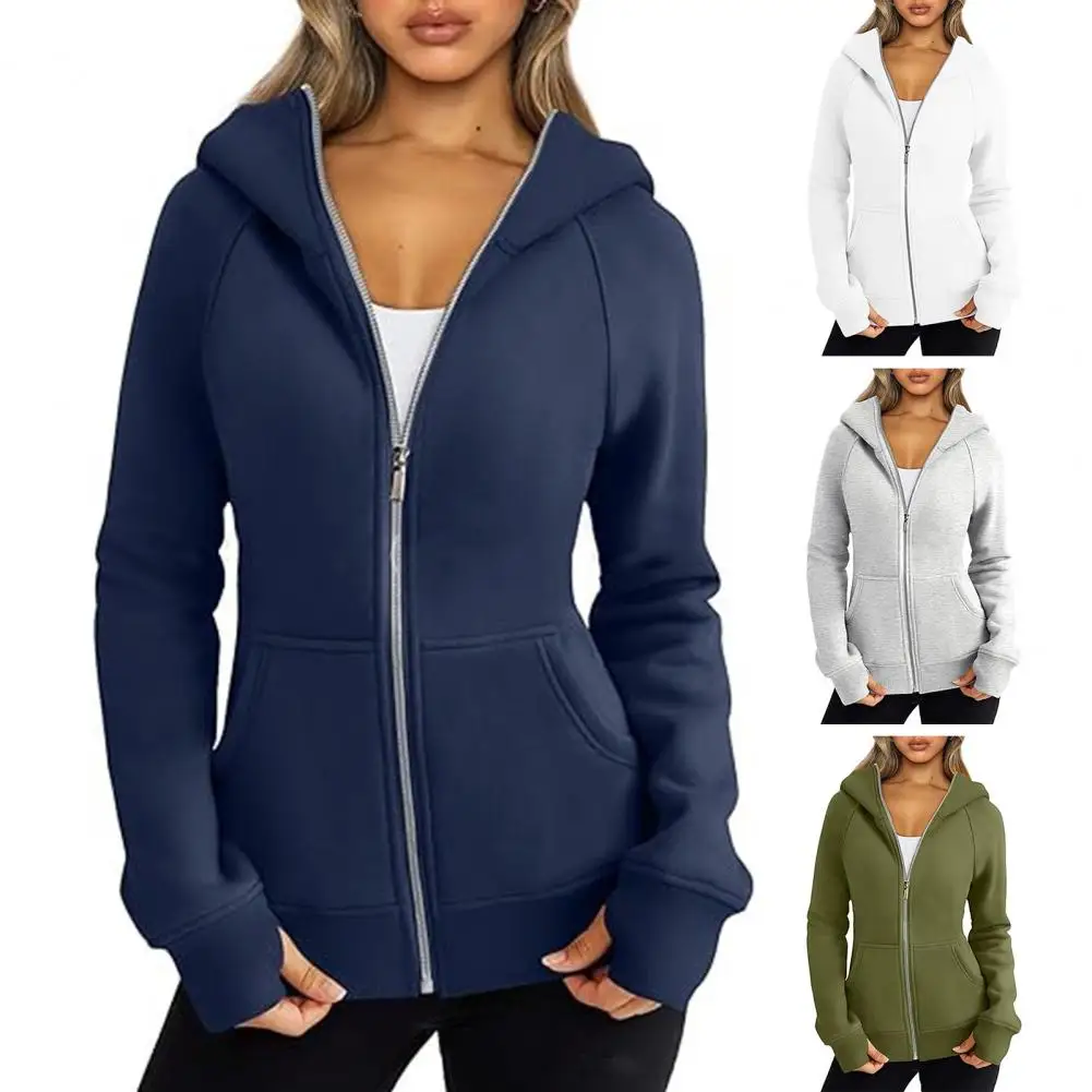 Women Coat Hoodie Solid Color Zipper Closure Jacket Plush-lined Lady Hoodie Jacket with Pockets Long Sleeves Cozy Cardigan Coat