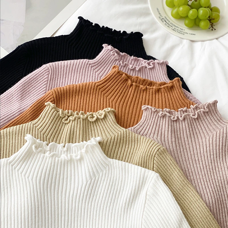 

Fashion Ruffled Knitted Pullover Long Sleeved Sweater Women Bottoming Inner Shirt Elegant Autumn Winter Slim Casual Basic Tops