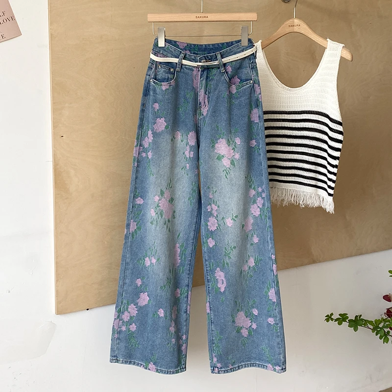 American Retro Print Straight Denim Pants Women's Versatile High Waist Loose Wide Leg Jeans Spring Summer Casual Trousers