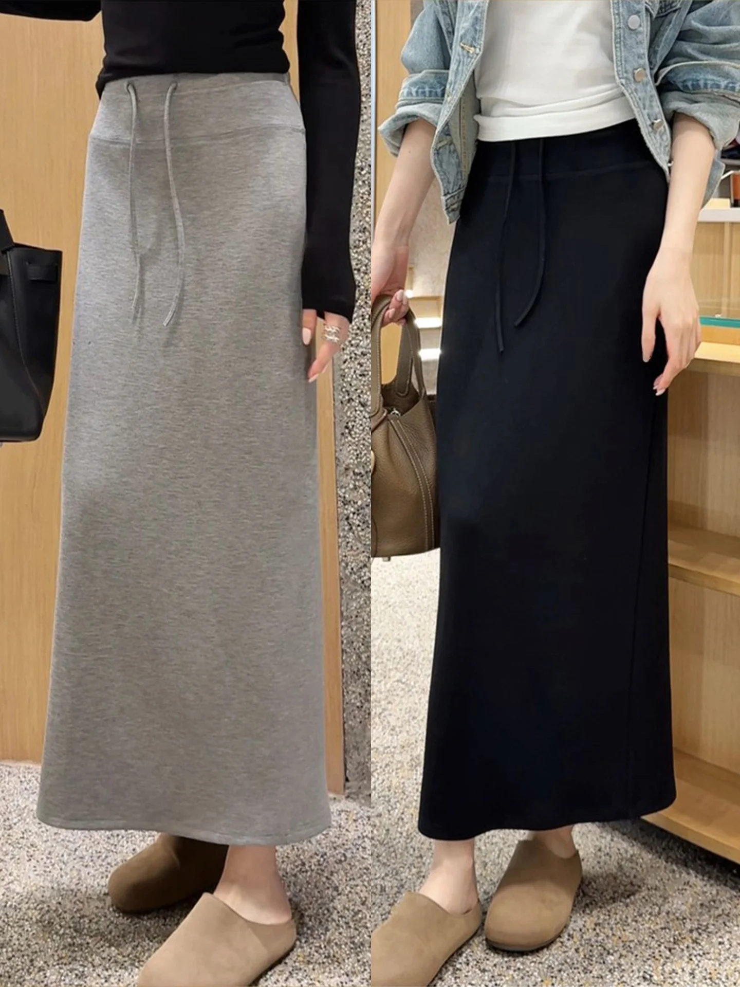 High Waist Straight Cut Midi Skirt Women's Spring Summer 2026 Elastic Waist Slim Fit Long Casual One Step Split Skirt