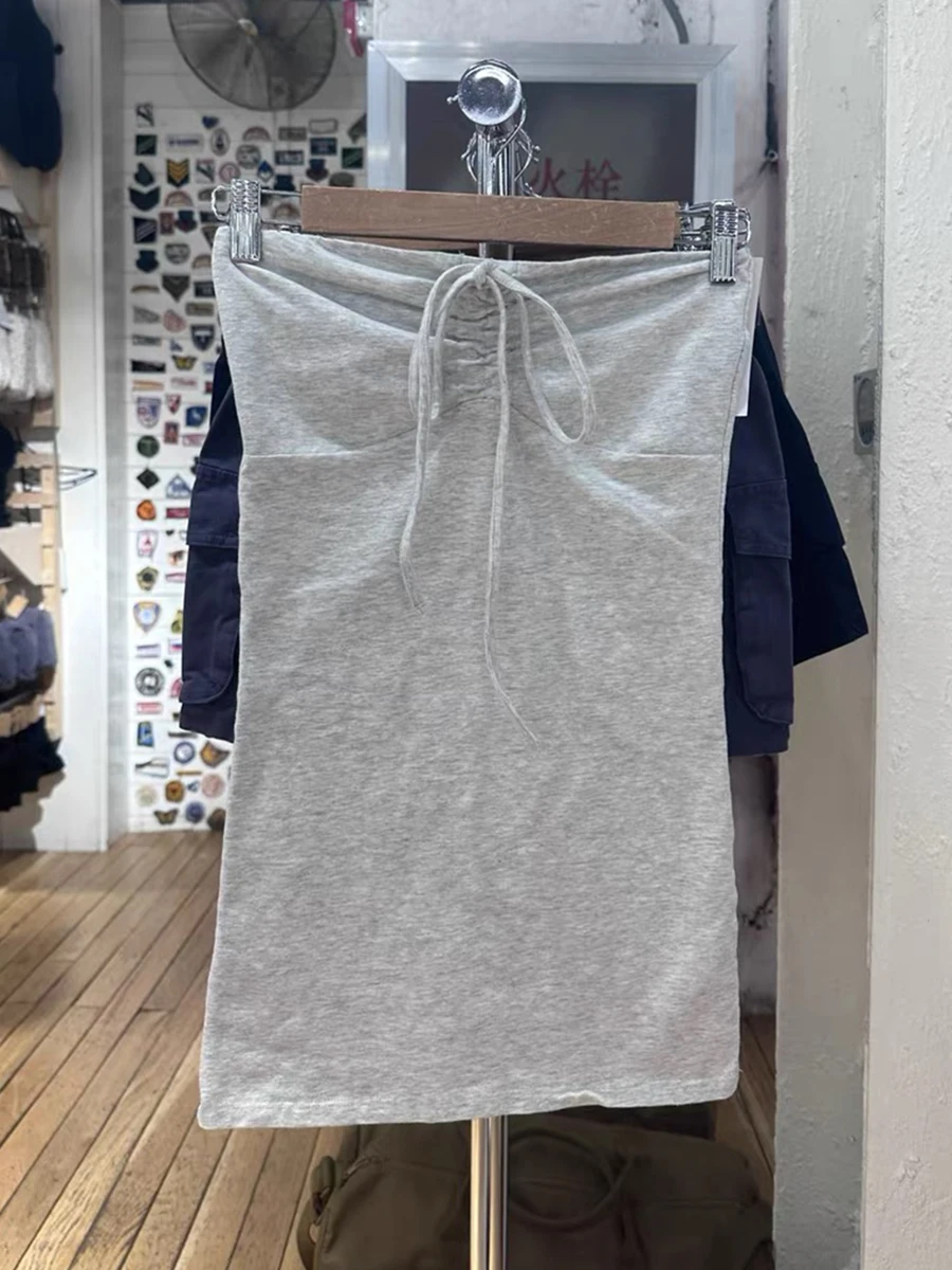 Gray Drawstring Strapless Slim Tank Tops Women Summer Cotton Cropped Halter Camisole Solid All-match Sweet Crop Top Y2k Vest
