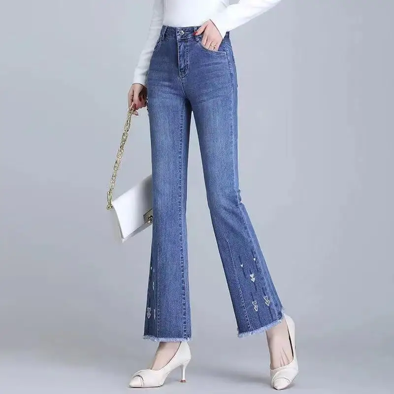 Jeans Bell Bot a vita alta da donna ricamati slim fit casual Sle Denim colore blu primavera autunno stagione Faion Trend