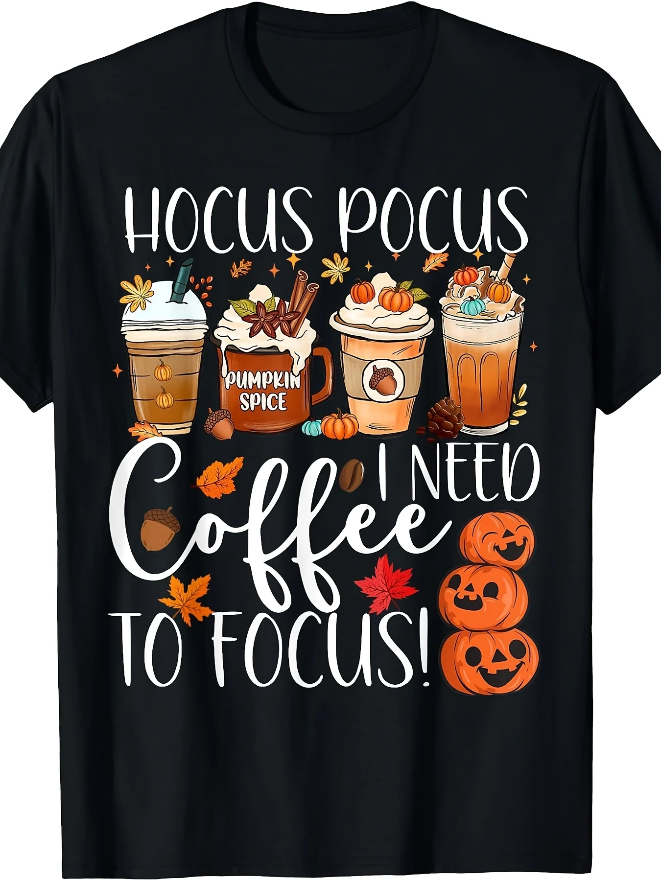Cute Hocus Pocus I Need Coffee to Focus Fall Pumpkin Teacher TShirtRetro Casual Crew Neck Printed T-Shirt
