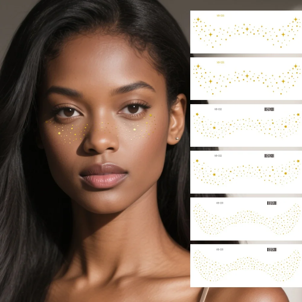

6Sheets Music Festival Flash Gold Foil Tattoos Glitter Eye Freckles Face Temporary Tattoo Stickers for Decoration