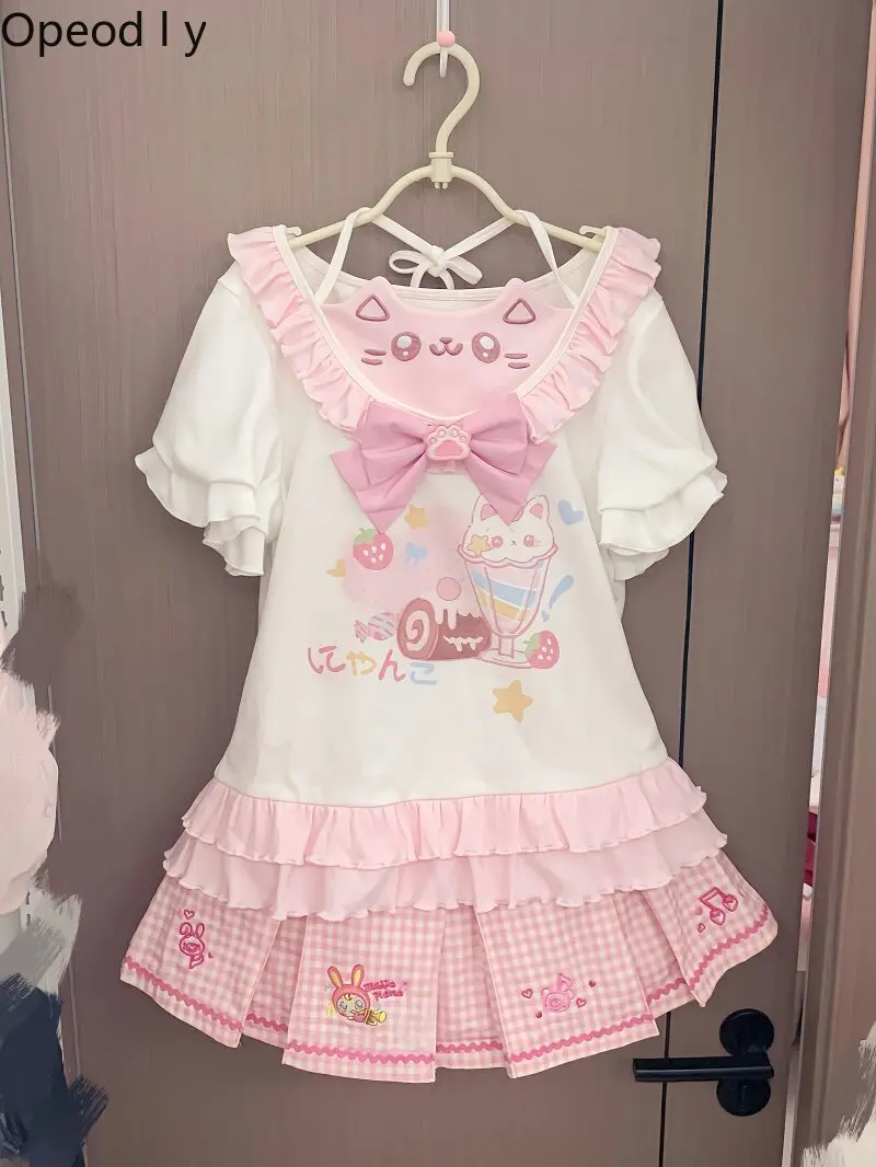 Camiseta Original con Estampado de Helado, Manga Corta, Verano 2026, Estilo Dulce y Suave para Chicas, con Lazo, Estilo Y2K