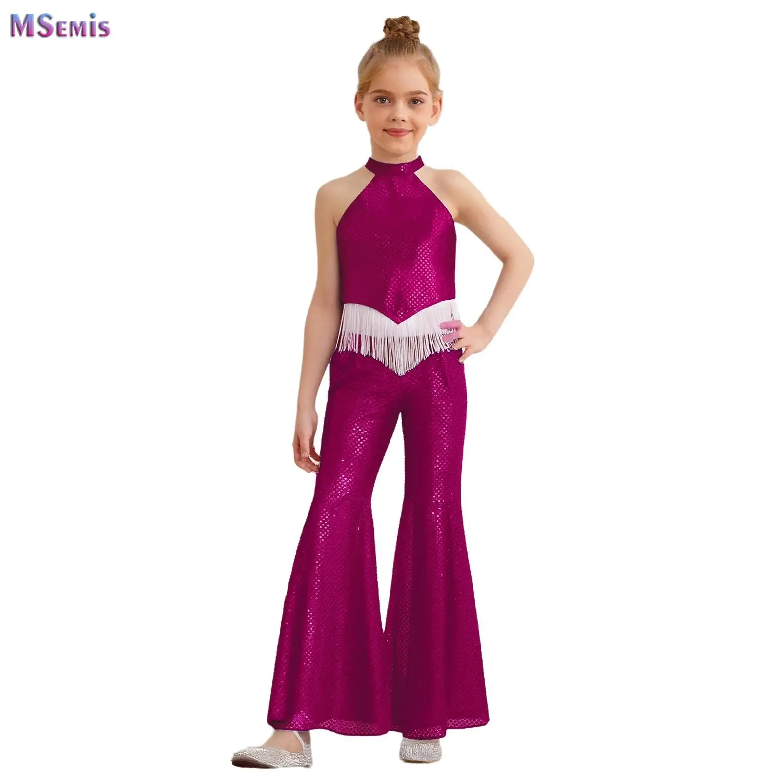 

Kids Girls Sequins Party Set Sleeveless Backless Tassels Hem Crop Top with Flared Pants Suit Jazz Waltz Tango Tap Dance Costume