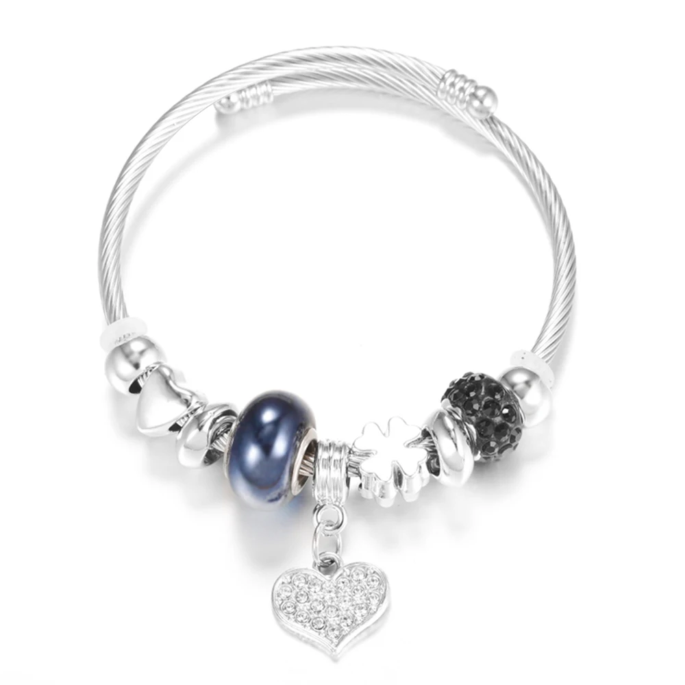 Heart-Shaped Rhinestone Stainless Steel Beaded Bracelet Women Glamorous Crystal 4 Colors Closure Adjustable Bangles Jewelry Gift