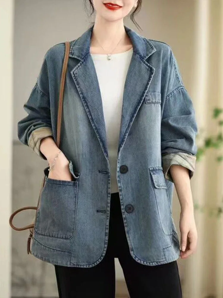Amax LuluE 2026 Spring Korean Coats Womens Fashion Denim Jackets Ladies Loose Vintage Classic Outerwear Leisure Big Size Clothes