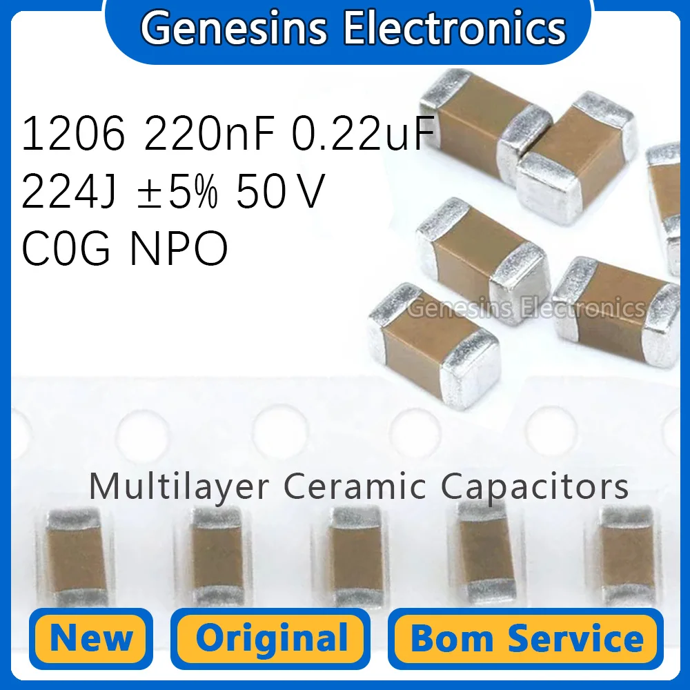 10 pcs 1206 224J 220nF 0.22UF 50V ±5% C0G NPO SMD ceramic capacitors