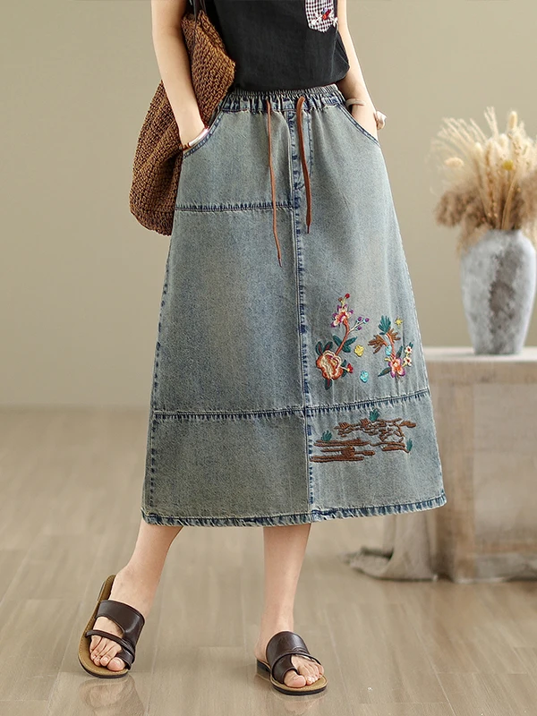 

Ele Embroidered Loose Women's Denim Skirt Mid-Length A-Line Skirt Elastic Waist Summer Faion plus Size Slimming