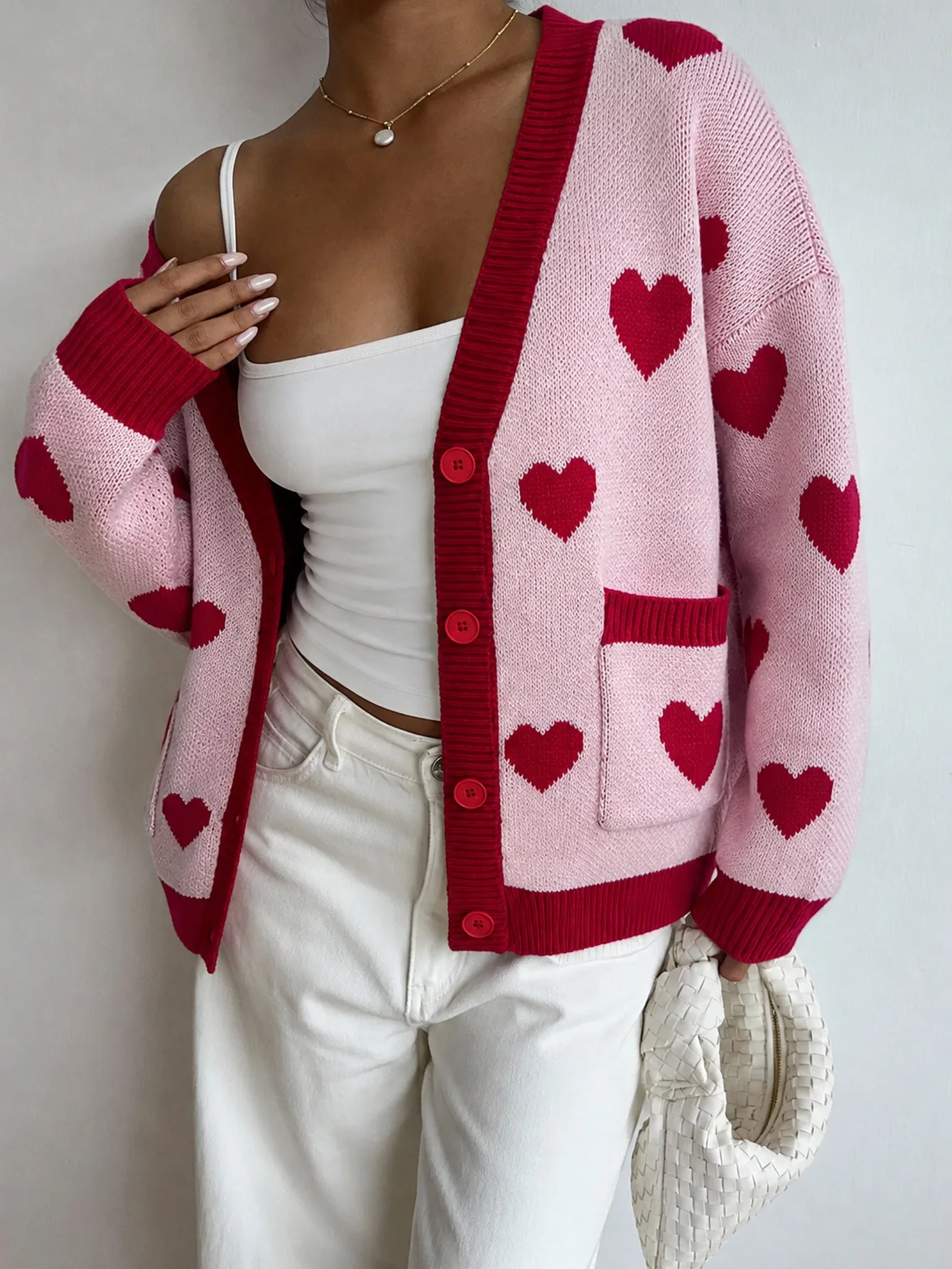 Cute Heart Cardigan Sweater Women V Neck Button Down Long Sleeve Knit Cardigan Pocket Loose Casual Valentine’s Day Sweater Coat