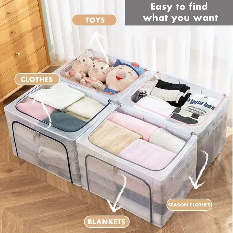 Stackable foldable steel frame storage box for blankets, clothes, pillows, decorations