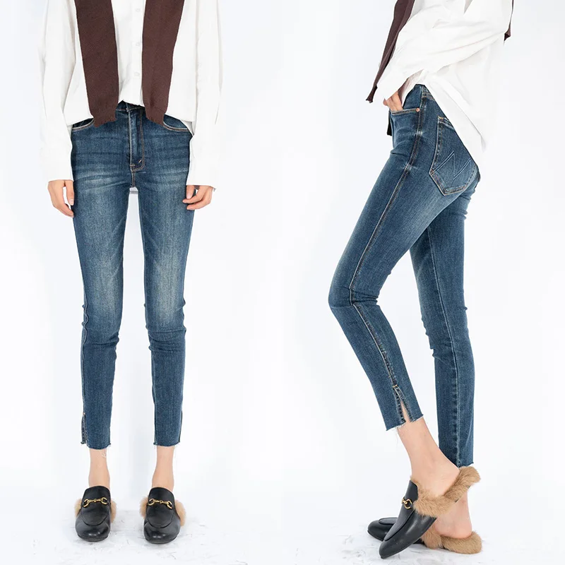 

Slimming High Waist Blue Denim Jeans Women's Spring Autumn New Sle Elastic Butt Lifting Slit Design Cotton Stretch Denim