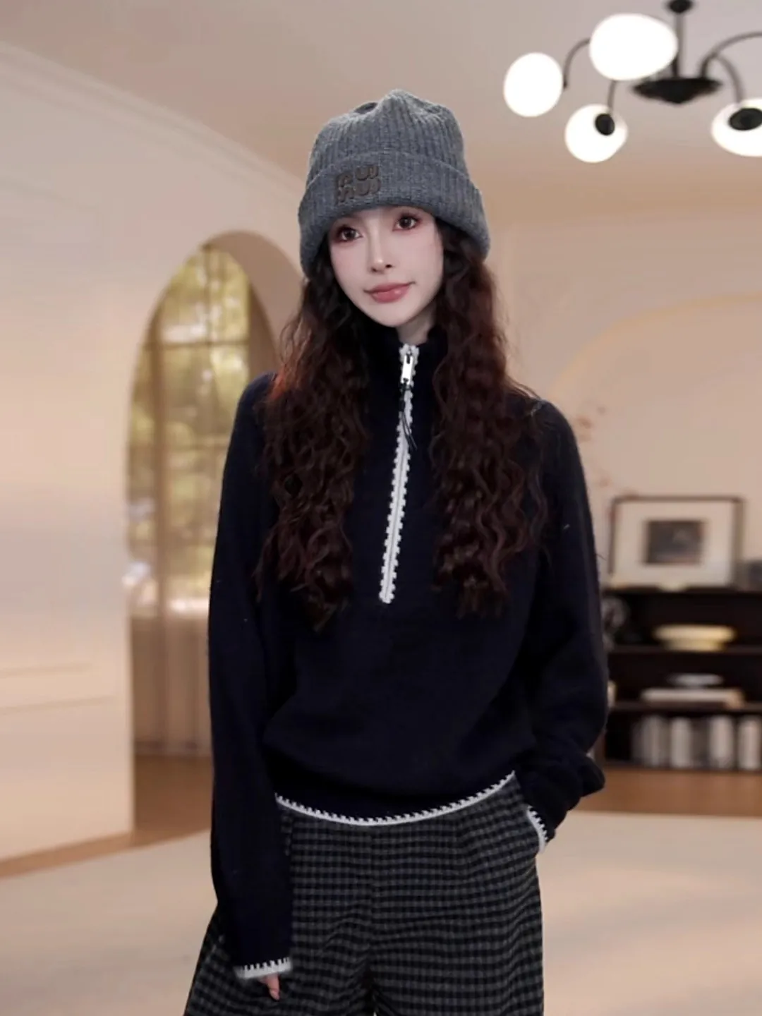 

Korean Sle High Collar Bla Knitwear Women's f Zip Loose Slim Long Sve Winter Outerwear Comfortable Polyester Fiber