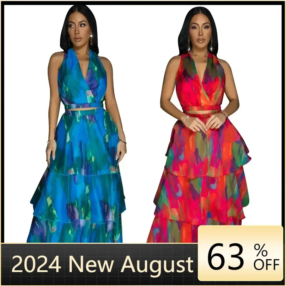 

2 Piece African Clothes for Women 2024 Summer Sexy Africa Sleeveless Print Top Long Skirts Matching Sets Dashiki Africa Clothing