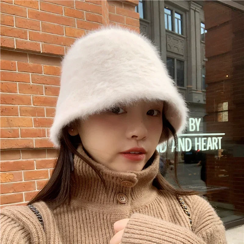 New Fashion Artificial Rabbit Fur Bucket Hat Women Autumn Winter Warm Thickened Fisherman Hat Panama Plush Basin Hat Lady Cap