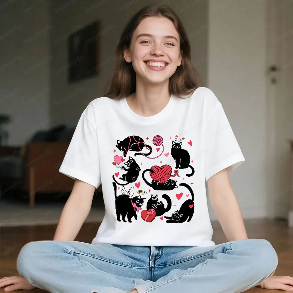 

Valentine Cute Cats TShirt Funny Valentine T Shirt Black Cat Shirt Cat Lover T-Shirt Women Summer Crewneck Cotton Short Sleeve