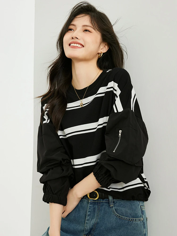 Fashion O-Neck Striped Sweatshirts Oversized Short Tops Spring Autumn Long Sleeve Pullovers Designer Zipper Sleeve Jumper Trendy