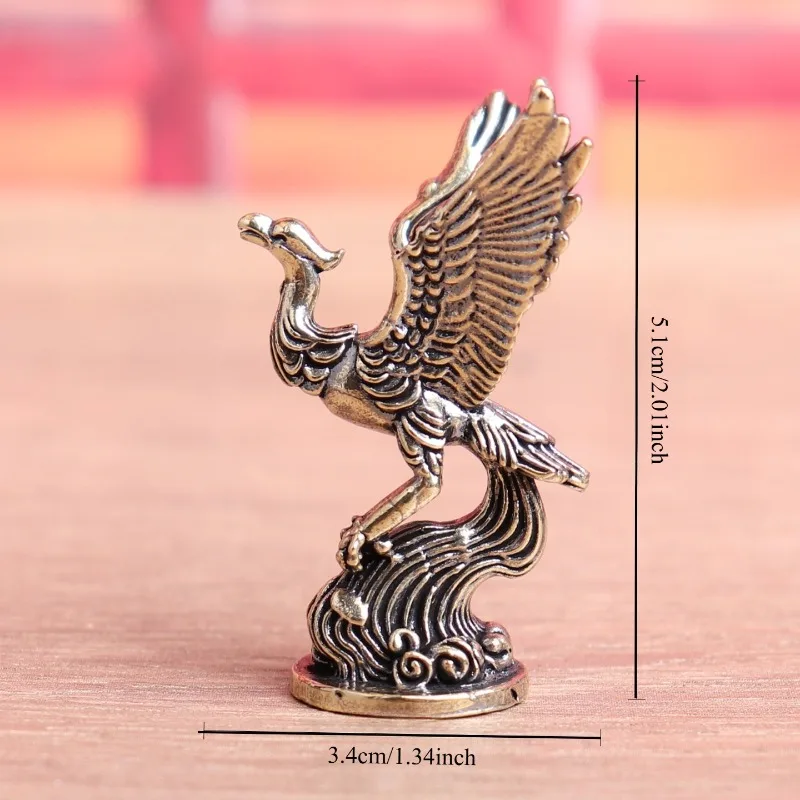 Brass Phoenix Figurine Vintage Bronze Qing Luan Bird Statue Mini Ornament, Mythical Bird Sculpture for Home Desk Decor,