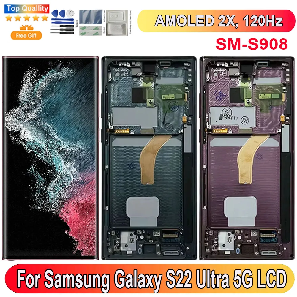 

Original Size For Samsung Galaxy S22 Ultra 5G LCD Display Screen Touch Panel Digitizer Replacement Parts Screen With Frame S908