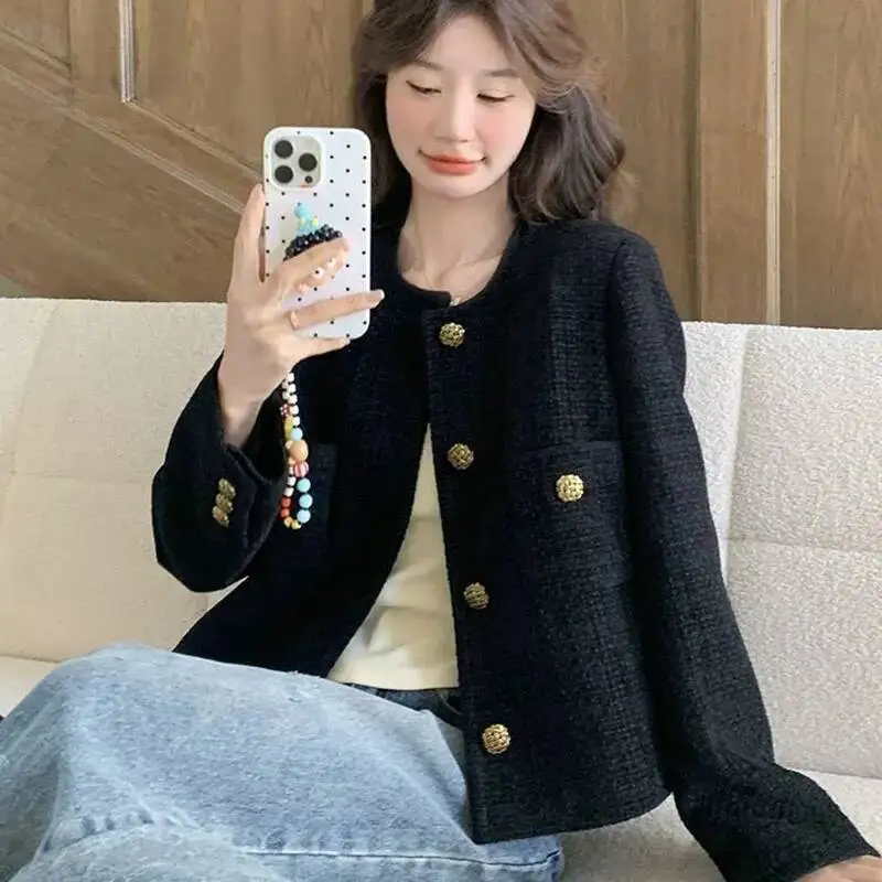 

Корейская модная черная твидовая куртка, женская осенне-зимняя новая однобортная укороченная куртка, женская уличная одежда Y K, верхняя одежда с длинными рукавами