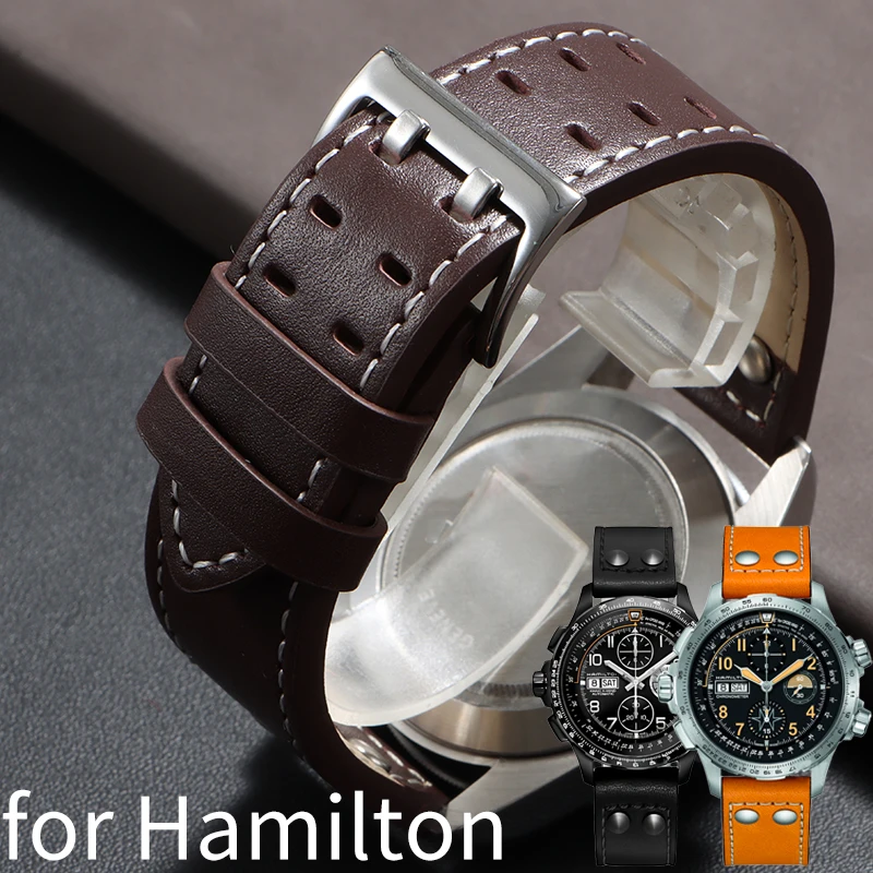 20MM 22mm leather watch band for Hamilton KHAKI AVIATION H77506540 H77736733 Replace Wristbands Men's bracelet With rivets