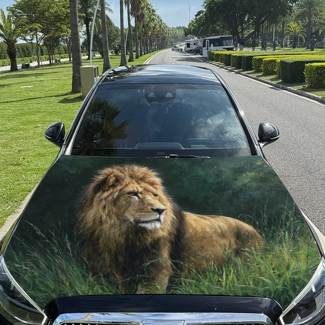 

Car Decals A Lion Radiating Grandeur And Serenity Amid Lush Greenery Car Hood Sticker, Waterproof Self - Adhesive Vinyl Graphics
