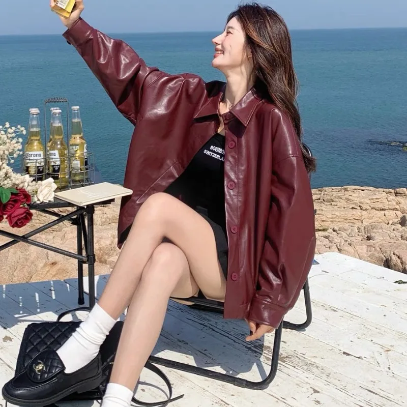 Red PU Leather Jacket Women's Short Casual Loose Vintage Coat 2025 Spring Lapels Single Breasted Top Women New Coats and Jackets
