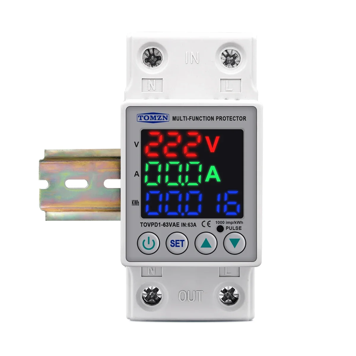 TOMZN 63A 230V Din rail adjustable over under voltage protective device protector relay with current protection energy merter
