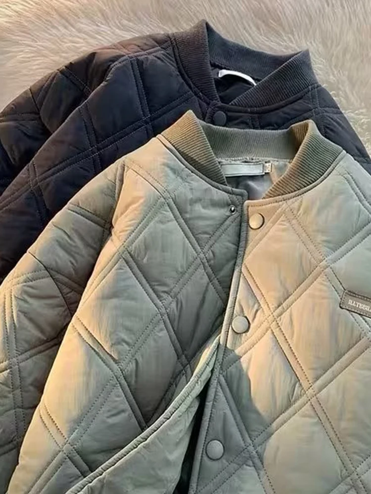 Thickened Diamond Pattern Cotton Jacket Warm Casual Baseball Style Men's Coat Retro American Style Couple's FashionableYY252