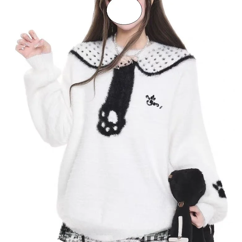 เสื้อสเวตเตอร์ถักลายหวานสำหรับผู้หญิง สไตล์ขนเฟอร์เทียม สำหรับฤดูใบไม้ร่วงและฤดูหนาว แฟชั่น Y2K สไตล์ลำลอง วัสดุคุณภาพสูง